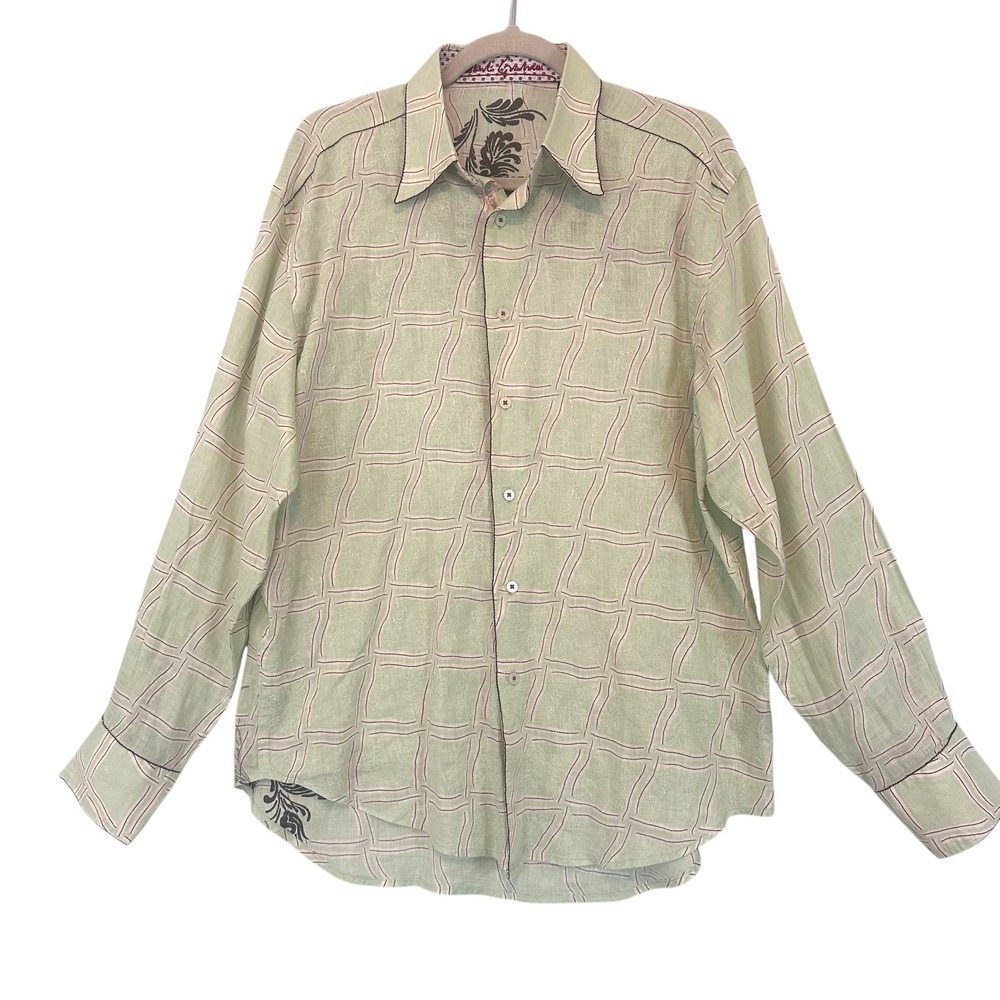 Robert Graham Embroidered Linen Blend Button‎ Down Shirt Green Purple Mens Large